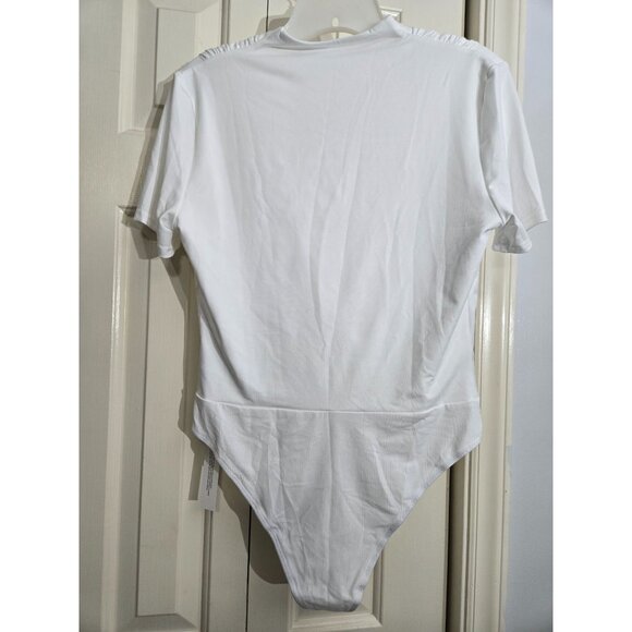 White Wrap-Style Bodysuit With Short Sleeves & V-Neckline Stretchy Polyester/Spa - Picture 2 of 6